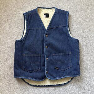 Vintage 1970's Sears Roebucks Blue Denim Sherpa Lined Snap 2 Pocket Vest Sz M